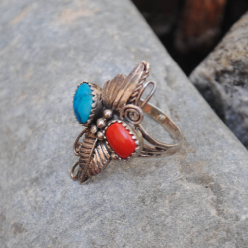 Bague En Argent Sterling Avec Turquoise Et Corail - Taille 58 (environ) - Pierre Bleue - Neuf Sans Emballage